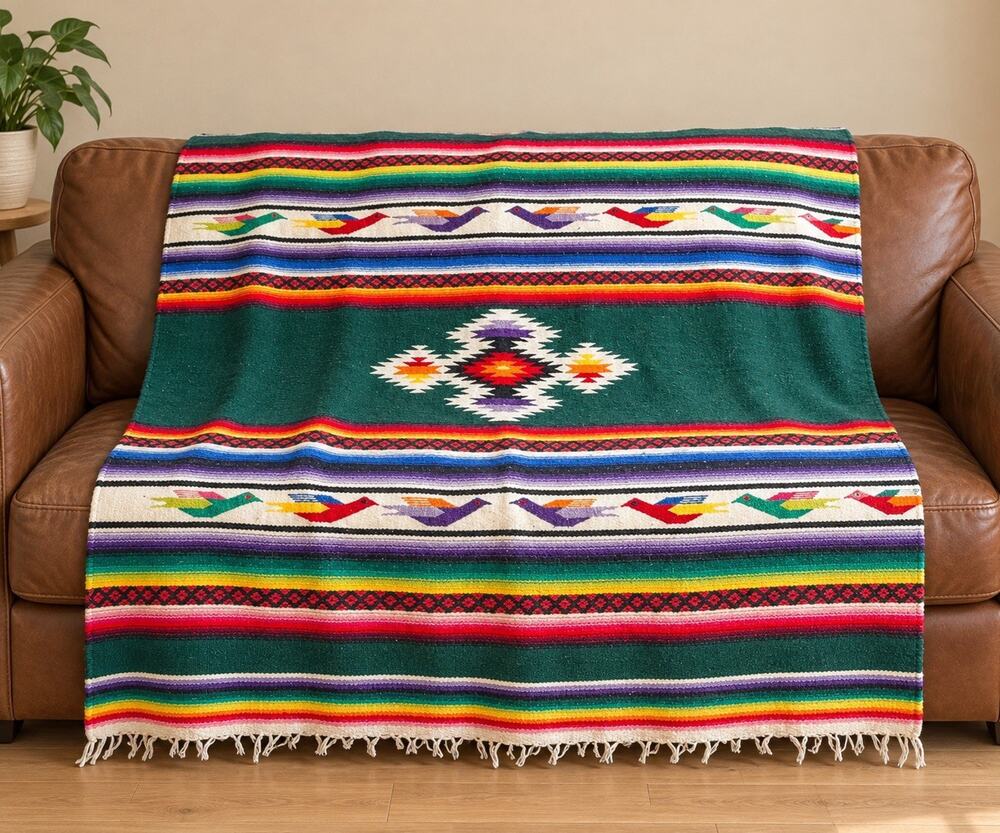 Vintage Hand Woven Mexican Folk Art Large Blanket Throw Textile 84 X 57”